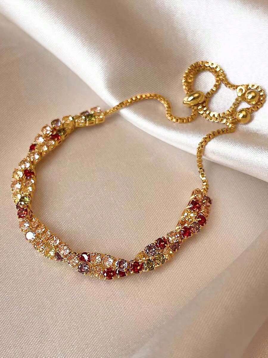 1pc Fashionable Super Shiny Colorful Rhinestone Bracelet, High-End Luxury Niche Versatile Adjustable Pull Bracelet, Elegant Girl Hand Accessory - Multicolor - View 1