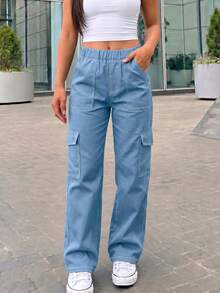 1pc Girls' Teenager Back To School Versatile Fashion Minimalist Retro Cargo Pants With Large Pockets - Blue - View 3