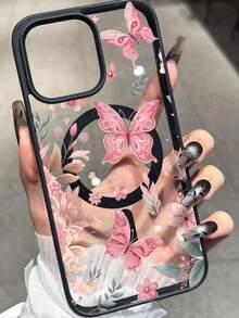 1PC Pink Minimalist Floral Vine Butterfly Pattern Phone Case Compatible With 17Promax/16Pro/15plus/14Pro/13Promax/12/11 Transparent Fashionable Protective Cover For Women - Multicolor - View 4