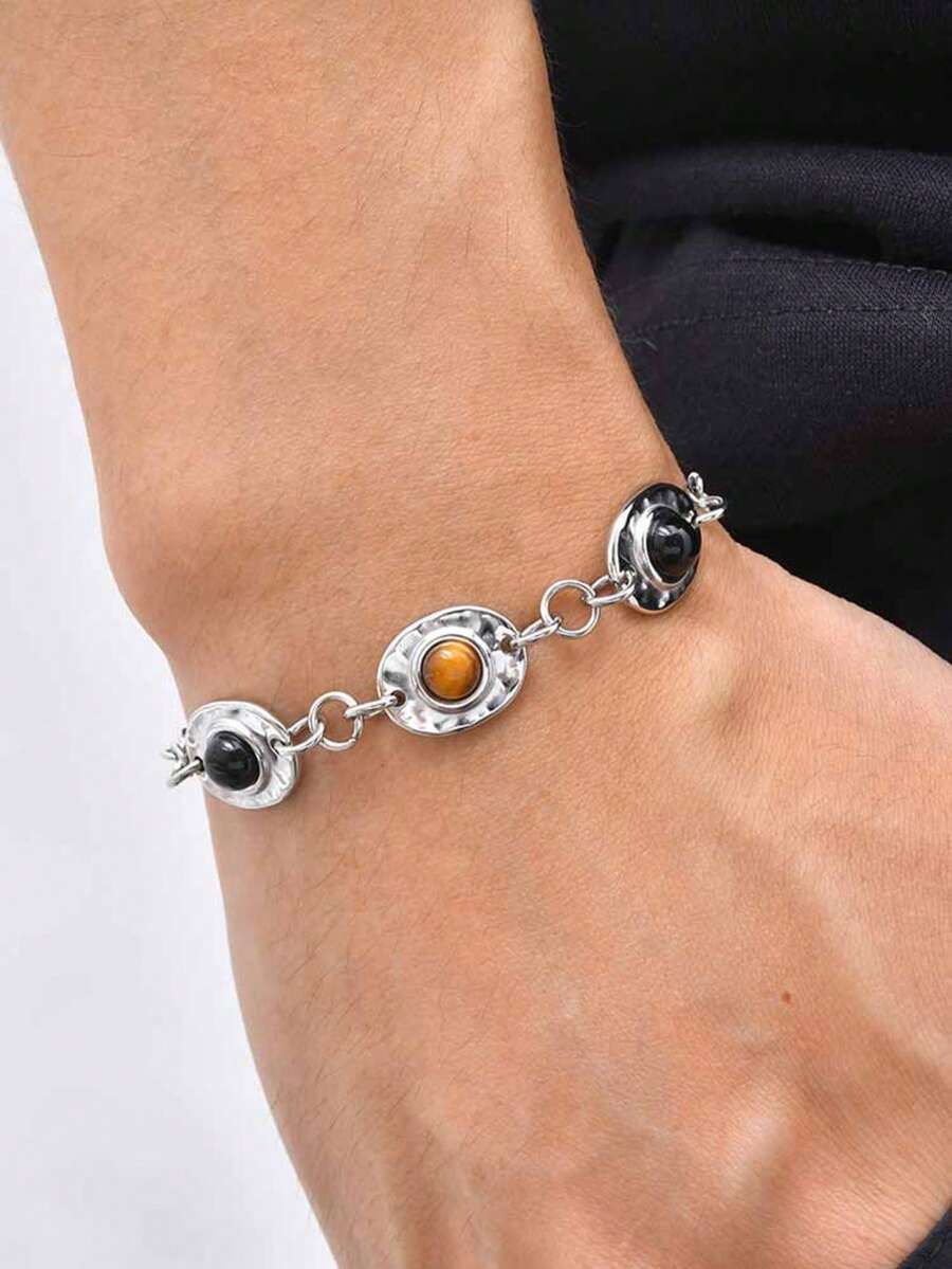 1pc Stainless Steel Natural Obsidian Tiger Eye Black Onyx Bracelet Silver Color Men's Vintage Jewelry, Gift For Friends, Daily Wear - 3152 - View 1