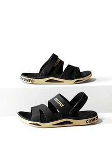 Unisex 2-Way Wearable Slide Sandals, Soft Sole Wear-Resistant Fashion Letter Strap Backstrap Sandals, Beach Outdoor Casual Slides, Indoor Home Bathroom Shower Slippers - Gold - View 4