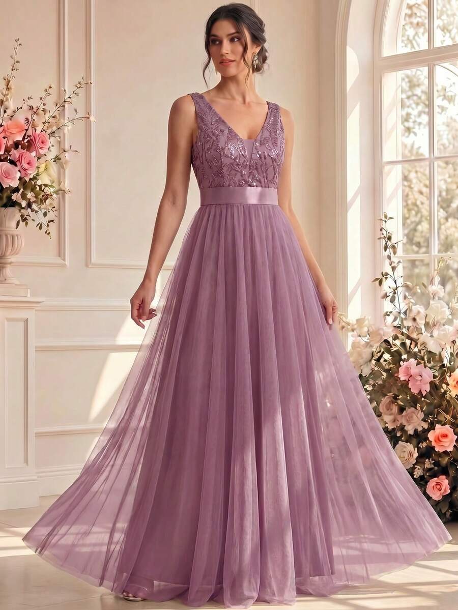 XUCTHHC Elegant Sequin Embroidered Mesh V-Neck Sleeveless A-Line Bridesmaid Dress, Suitable For Prom, Party, Wedding Guest, Holiday, Summer