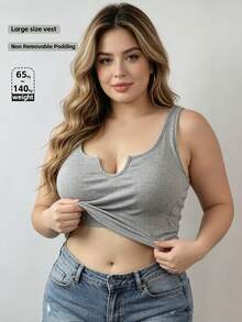 Tank Top Rajut Rib Ukuran Besar dengan Bra Berbantalan, Atasan Tanpa Lengan Minimalis Leher Rendah Seksi, Cami Atletik Bernapas untuk Yoga, Olahraga & Pakaian Jalanan Sehari-hari - Grey - View 1