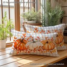 MEMNUN 1pc Grey & White Plaid Watercolor White Dot Orange Pumpkin Cream Pumpkin Pillowcase 30*50cm/40*60cm Made Of Polyester Material Autumn Leaf Vine American Farm Harvest Illustration Sofa Cushion Cover Single-Sided Print Hidden Zipper Polyester Decorative Pillowcase Without Pillow Insert Living Room, Sofa, Bedroom, Car Home Autumn Decoration - Multicolor - View 8