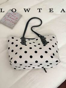 Low Tea 1pc Contrast Color Canvas Fabric Shoulder Bag Women's Casual Large Capacity All-Over Polka Dot Pattern Tote Bag Dual Handle Design Zipper Closure Travel, Shopping, Dating, Women's Gift, Suitable For Teenage Girls, College Students, Beginners And White-Collar Workers, Perfect For Office, Campus, Work, Business, Commute, Outdoor, Travel, Outing - White - View 7