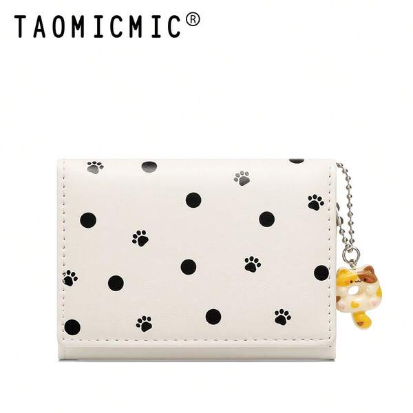 Fresh Style Women's Cute PU Leather Tri-Fold Wallet With Multiple Card Slots, Polka Dot Card Holder, Short Wallet With Cat Charm