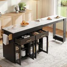 Mobile Kitchen Island/Kitchen Trolley With Wheels, Extendable Bar Table With Storage Space, Kitchen Cabinet With Glass Doors, Drawers And Shelf, White, 132.5-217 X 50 X 93 Cm - Black - View 2