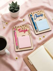 Personalized Custom Wooden Memo Holder With Pen, Desktop Organizer For School/Office/Home, Laser-Engraved Floral Name Sign, Stylish Student Stationery (Gift For Teacher/Student, Perfect For Classroom/Promotion) - Multicolor - View 3