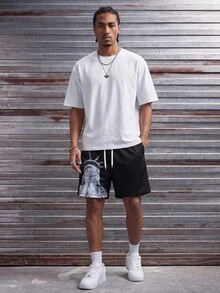 MAISONFOX Men's Street Graphic Print Casual Sports Shorts,With Statue Of Liberty Print, Baggy Pants Men,Drawstring And Pockets, Suitable For Spring And Summer - Black - View 5