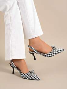 Rhinestone Bow Pointed Toe Stiletto High Heel Sandals For Women, Plaid Backless Sexy Date Commute Party - Black and White - View 4