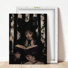 1 Stück Leinwand Wandkunst, gerahmte Wanddekoration, Dark Academia Gothic Lolita Mädchen beim Lesen Leinwandgemälde Vintage Ölgemälde, atmosphärisches schwarzes Rosen-Kerzen-gestreifter Hintergrund ungerahmtes Poster, ästhetischer dekorativer Wanddruck, geeignet für moderne Heimdekoration, Raumdekoration, Wohnheimdekoration, Schlafzimmerdekoration, Wohnzimmerdekoration, Badezimmerdekoration, Küchendekoration - Lesendes Mädchen - Übersicht 4