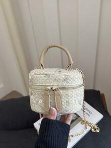 Tas Tangan Silinder Anyaman Bunga Lembut Gaya Prancis, Tas Mini Selempang Rantai untuk Acara Malam, Kotak Kosmetik - Khaki - View 4