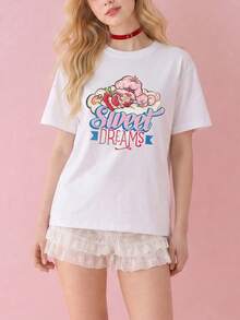 SHEIN X Strawberry Shortcake 女款夏季T恤，可愛「Sweet Dreams」印花寬鬆休閒短袖，適合日常穿搭與甜美女孩風 - 白色 - 查看 2