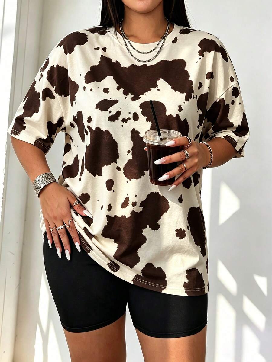 Speed mate Women's Plus Size Summer Vintage 80s Y2K Casual Vacation Street Style Beige Cow Print Drop Shoulder Loose Short Sleeve Crew Neck T-Shirt Sports Black - Black - View 1