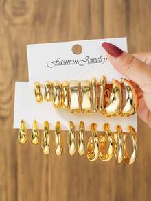 5 Pairs UV Electroplated CCB Women's Geometric Chunky C-Shaped Hoop Earrings Set, Suitable For Family, Friends, Gift-Giving And Daily Wear - Geometric Earring Set - View 6