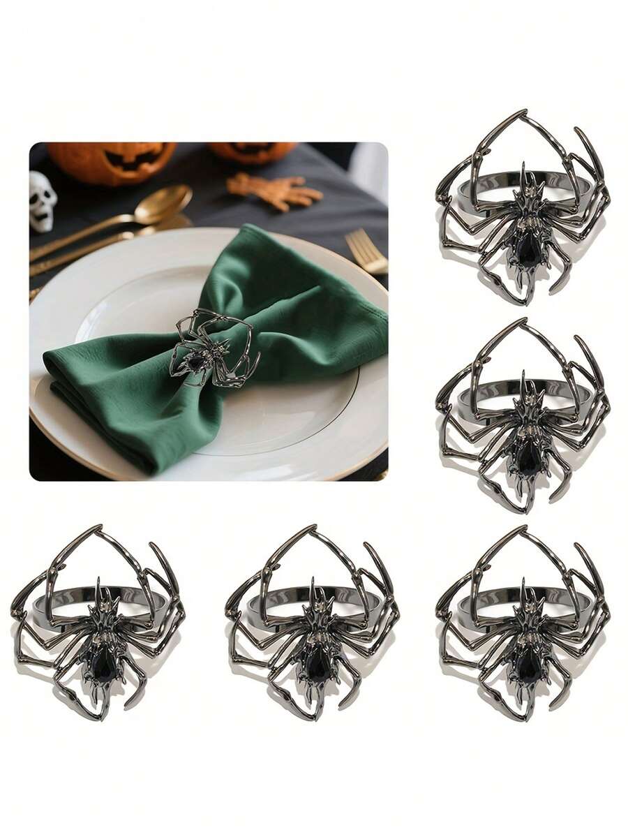 [Festival Napkin Holders] 5pcs Halloween Spider Napkin Rings | Festival Holiday Party Decoration - Gun Black - View 1