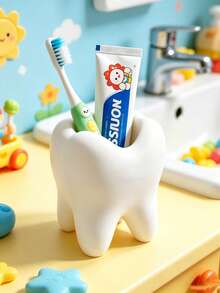 1pc Cute White Tooth-Shaped Kids Bathroom Toothbrush Holder Toothpaste Storage Organizer - White - View 3