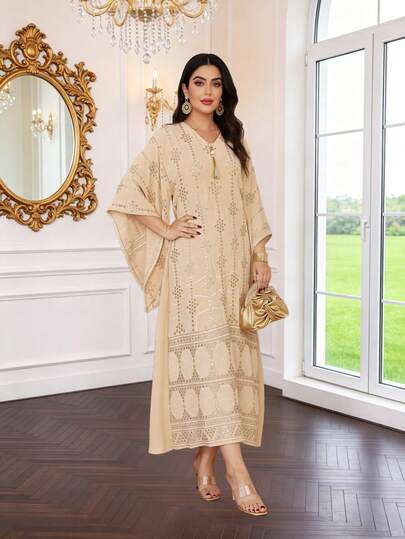 Heavy Embroidery Arabic Women's 2026 New Summer Apricot Elegant Dress, JALABIA Neckline Tassel V-Neck, Summer Casual Travel Outfit