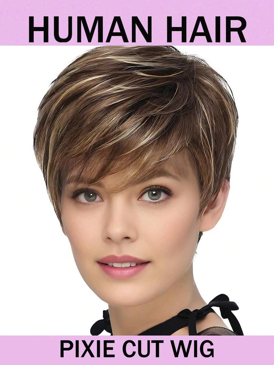 Straight Pixie Cut Wig Human Hair For Women Highlight Bob Wigs Human Hair Glueless Wig None Lace Front Replacement Wig With Bangs Full Machine Made Short Layered For Daily Use #4/27 - S4/27 - View 1