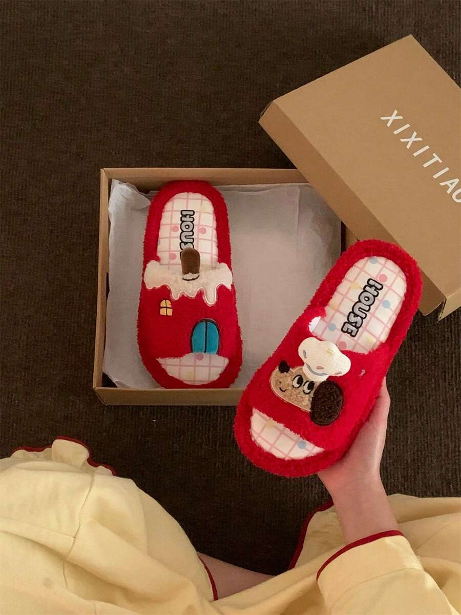XIXITIAO Cute Color-Block Chef Puppy Plush Soft-Soled Home Slippers, Comfortable Slippers With Color-Block Checkered Polka-Dot Sole, Ideal For Home & Parties