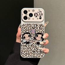 1pc Leopard Print Double Angel Big Eye Girl Phone Case, Compatible With IPhone 17, 16, 15, 14, 13, Silver Pink Heart Pattern Retro Cartoon Gothic Style Cute Anti-Drop Hard Shell Protective Cover - Black - View 1