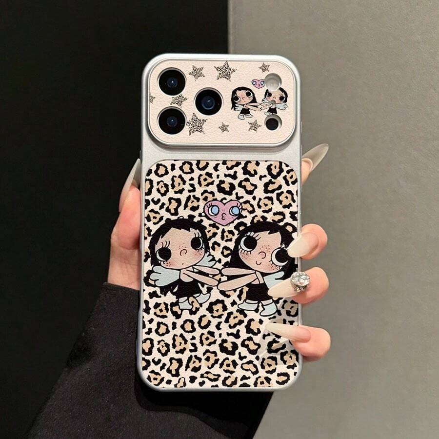 1pc Leopard Print Double Angel Big Eye Girl Phone Case, Compatible With IPhone 17, 16, 15, 14, 13, Silver Pink Heart Pattern Retro Cartoon Gothic Style Cute Anti-Drop Hard Shell Protective Cover - Black - View 1