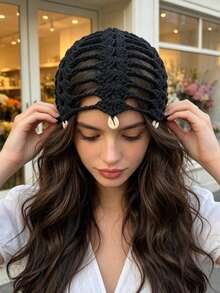 1pc Beach Casual Elegant Solid Color Faux Pearl Tassel Hollow Knit Sun Hat - Multicolor - View 15