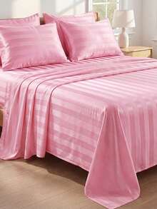 2/3Pcs Satin Striped Bed Sheet Set, Soft & Breathable, Wrinkle-Resistant, (1 Flat Sheet + 1/2 Pillowcases, No Filling) Suitable For All Seasons, Soft & Comfortable, Ideal For Dorm Students, Home Bedroom, Guest Room, Multi-Color Soft & Durable, Extra Large Bedding, Suitable For Travel And Dorm - Pink - View 7