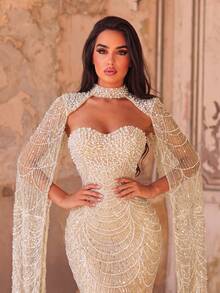 Faeriesty Elegant Strapless Mermaid Long Dress With Cape Sleeves, Beaded Embroidery, Slim Fit Party - Champagne - View 2