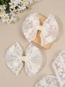 2pcs Beige Hair Bows For Young Girls Floral Lace Pearl Beaded Decor Alligator Clips Elegant Wedding Daily Hairclips Teens Hair Accessories - Beige - View 3