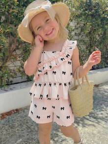 Girls Young Pleated Ruffle Camisole Top + Digital Print Bow Shorts Set, Minimalist 2-Piece Outfit For Girls In Spring/Summer - Apricot - View 1