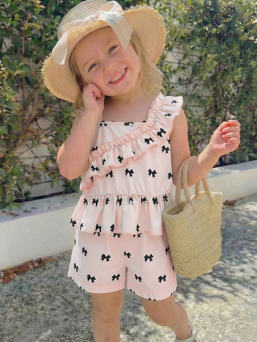 Girls Young Pleated Ruffle Camisole Top + Digital Print Bow Shorts Set, Minimalist 2-Piece Outfit For Girls In Spring/Summer - Apricot - View 1