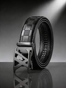 Men's Embossed Checkered Automatic Ratchet Belt, Metal Automatic Buckle Belt, Adjustable Business Formal Belt, Suitable For Suits, Luxury Daily Men's Accessory, Ideal As Men's Birthday And Father's Day Gift - Multicolor - View 2