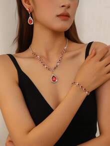 1 Set Women's Fashion Jewelry Set Including Necklace, Earrings And Bracelet - Golden Red - View 2