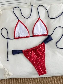 Women's Striped Print Halter Tie 2-Piece Swimsuit, Sexy Fashion Minimalist, Suitable For Young Girls, Beach Vacation, Travel And Dating Summer - Red and White Dots - View 3