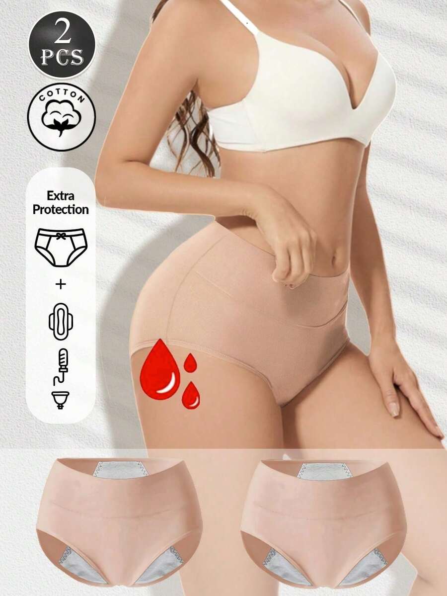 2pcs Women's Cotton Solid Color Plus Size High Waist Period Panties, Simple Basic Tummy Control Seamless Triangle Briefs, Comfortable And Soft - Apricot - View 1