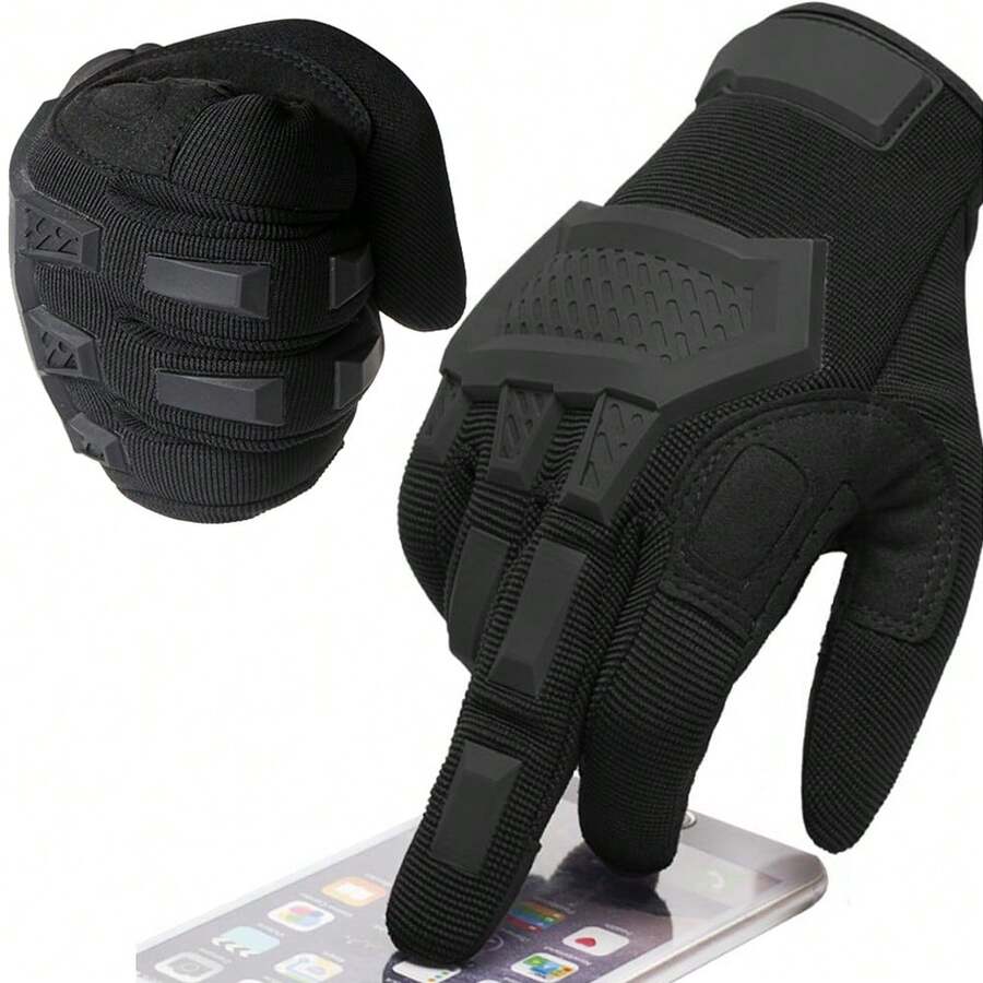 1 Pair Unisex Soft Shell Touchscreen Full Finger Tactical Gloves, Sports, Hiking, Fitness, Motorcycle Riding Gloves - Black - View 1