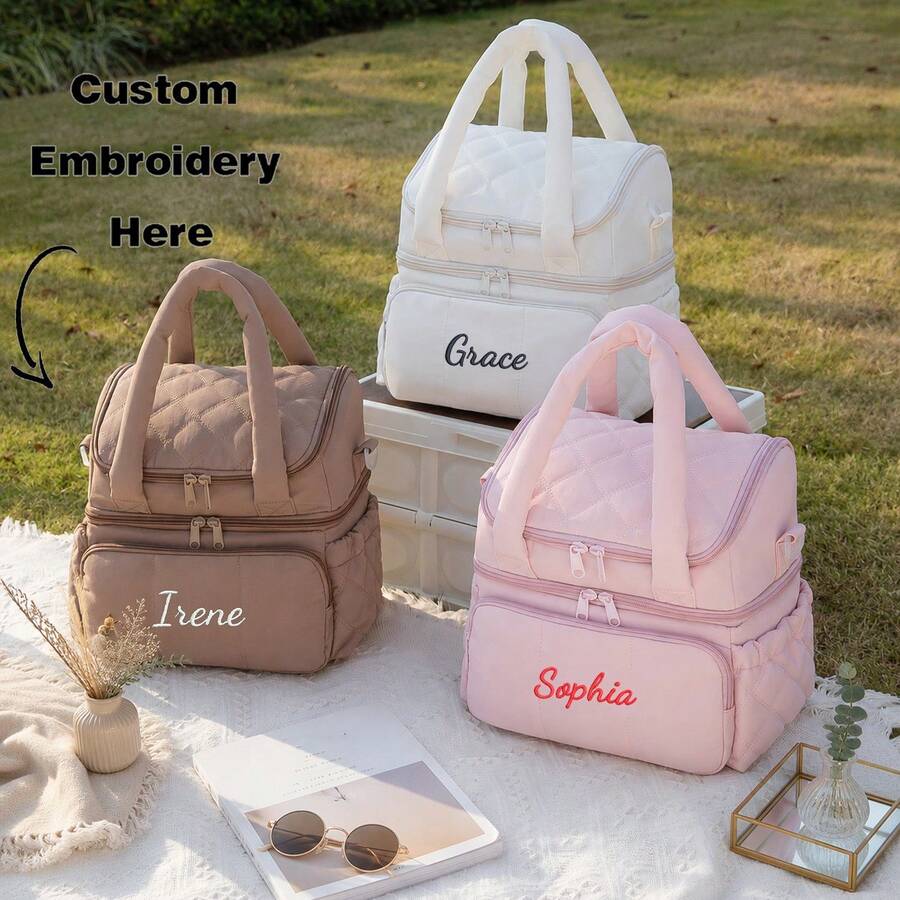 Personalized Large Capacity Double Layer Lunch Bag, Solid Color Bento Tote With Shoulder Strap, Portable Meal Storage Bag For Work, Picnic & Travel, Back To School Gift - Multicolor - View 1