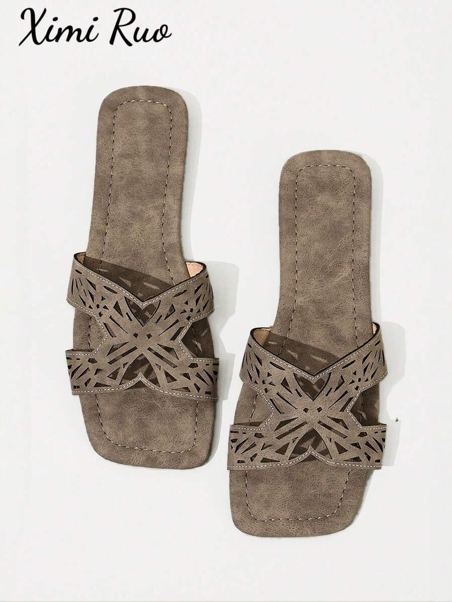 Ximi Ruo New Spring/Summer Fashion Casual Strap Slide Sandals, Comfortable Flat Heel Round Toe Slip-On Beach Slippers, Versatile Decorative Flat Sandals For Summer - Camel - View 1