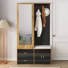 Elegant Wardrobe Set In Black And Wood Color With Mirror, Shoe Cabinet, Shoe Bench With Hooks And Extendable Clothes Hangers. - 黑色 - 查看 5