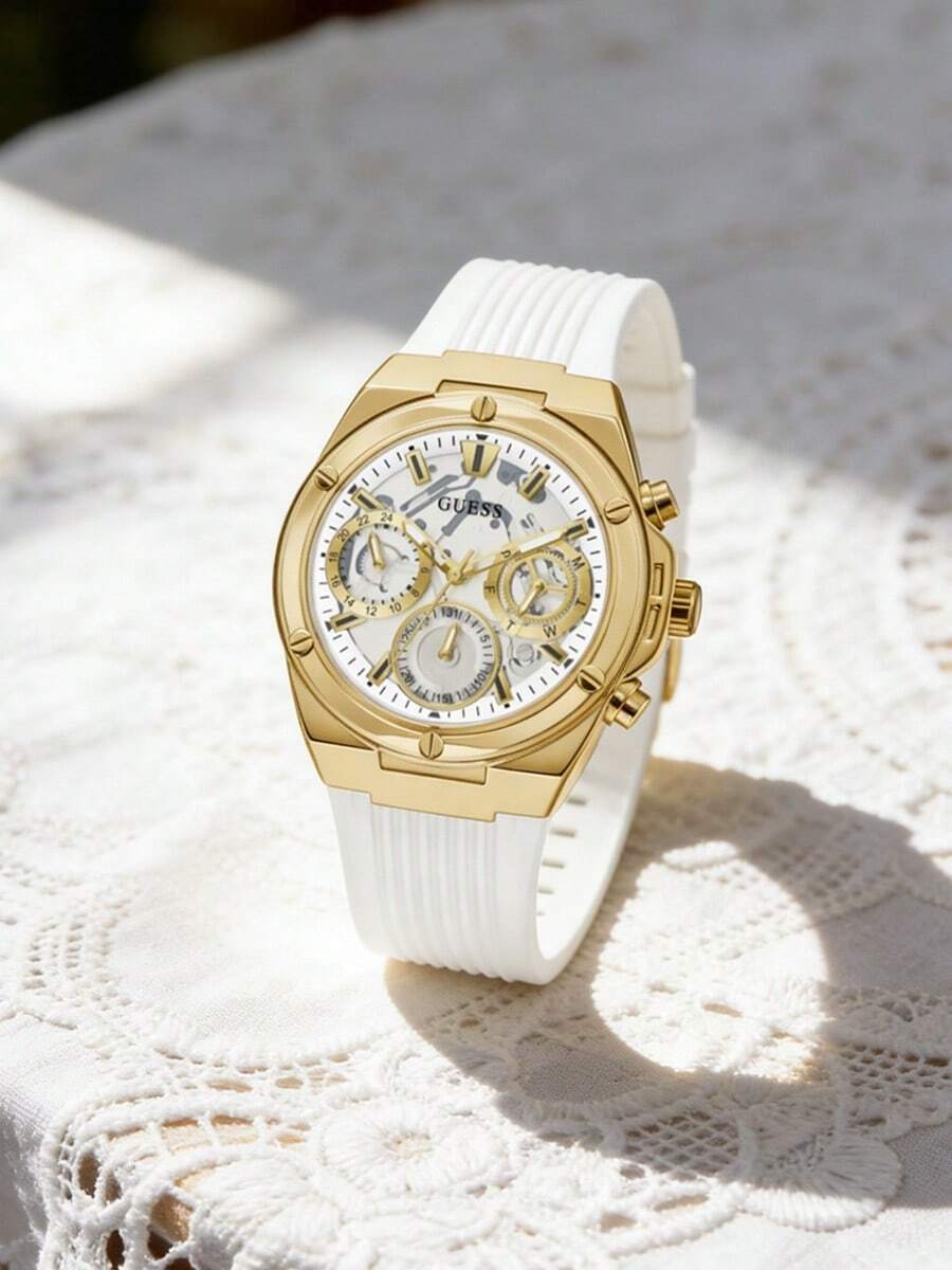 Guess Women's Gold-Tone Quartz Watch With White Silicone Strap, Perfect Gift For Valentine's Day GW0409L2 - White - View 1