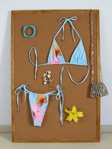 Women's Light Blue Patchwork Tropical Floral Bikini, Halter Tie Sexy Beach Vacation Two Pieces Swimsuit, 2026 Spring/Summer - Multicolor - View 2
