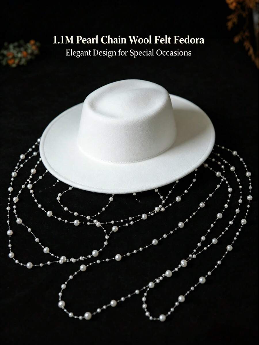 White Felt Wide Brim Fedora Hat With Pearl Tassel Veil, Elegant French Bridal Wedding Hat, Chic Headpiece For Prom Party Bridal Shower Photoshoot - A - 查看 1