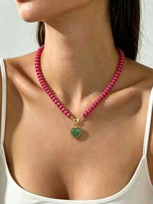 1pc Bohemian Vintage Heart-Shaped Beaded Chunky Necklace For Women, Suitable For Daily Layering - Multicolor - View 1