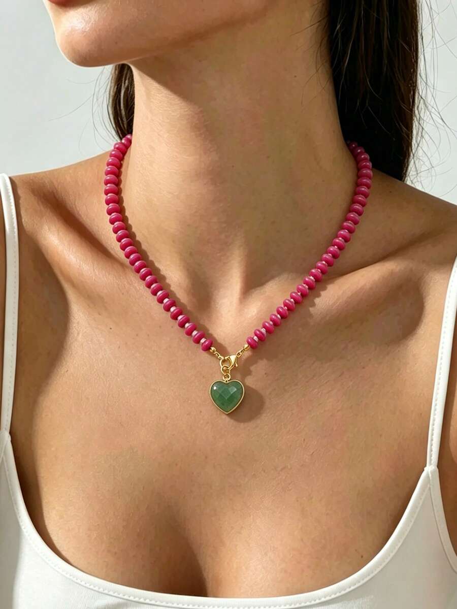 1pc Bohemian Vintage Heart-Shaped Beaded Chunky Necklace For Women, Suitable For Daily Layering - Multicolor - View 1