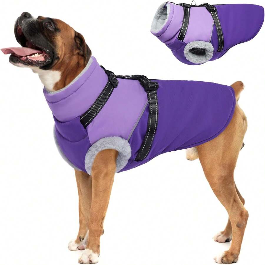 1 buah Mantel Anjing dengan Tali, Jaket Anjing Musim Dingin dengan Penutup Resleting, Jaket Bulu Domba Hangat untuk Hewan Peliharaan dengan Garis Reflektif dan Kerah Bulu, Setelan Salju Tahan Air untuk Anjing Kecil, Sedang, dan Besar