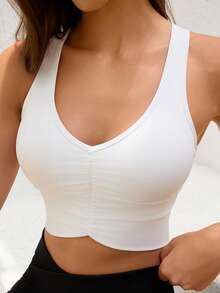 Women's Solid Color Ruched Slim Fit Fashion Sports Bra - White - View 4