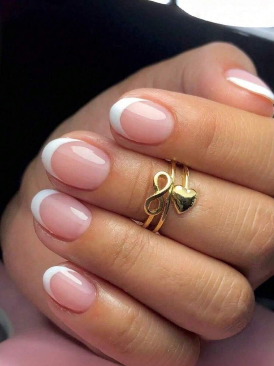 24pcs Short Round French Manicure Nail Tips Set, Classic Nude Pink Glossy Fake Nails, Suitable For Women To Wear In Office And Weddings - 粉色 - 查看 1