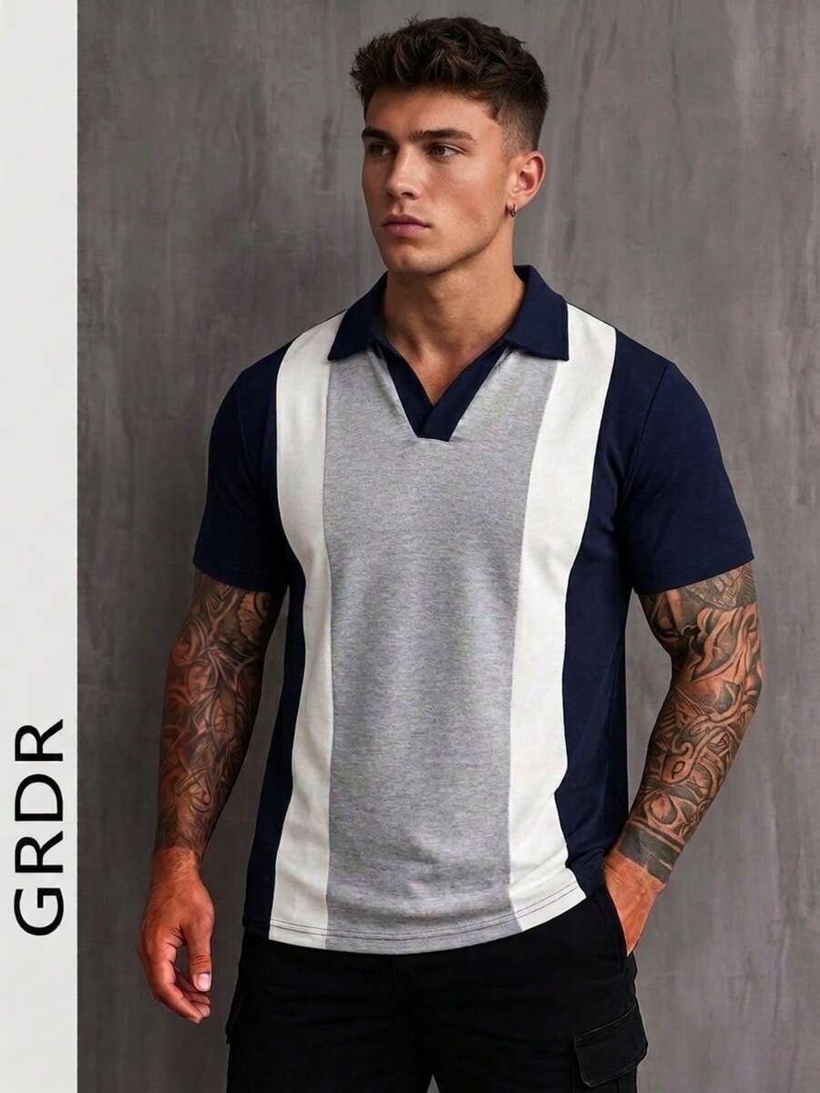 GRDR 男士夏季新款撞色商务休闲 Polo 衫 1 件 - 藏蓝色 - 查看 1