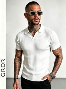 GRDR Men's Summer Airplane Collar Ribbed Solid Color Short Sleeve Knit Sweater, Suitable For Summer Outings, Essential For Fashionable Styling - White - View 4